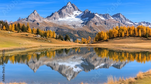 Autumnal alpine lake reflects majestic peaks photo