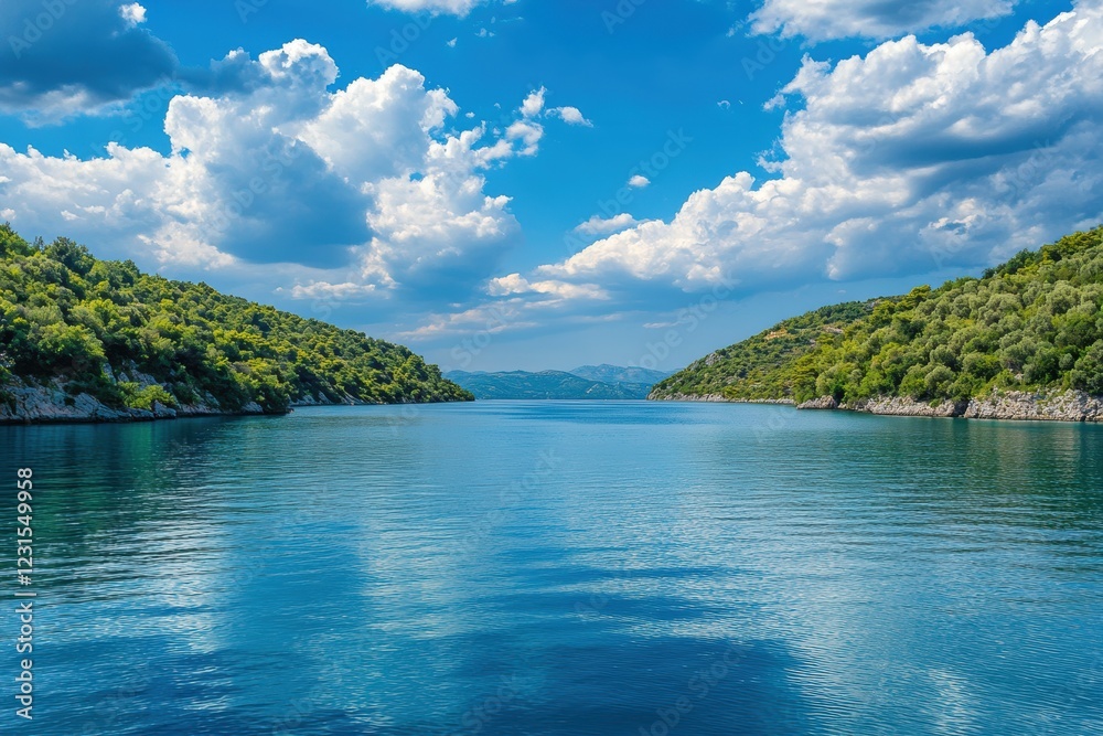 Calm coastal inlet, sunny sky, green hills, travel brochure Calm coastal inlet, sunny sky, green hills, travel brochure
