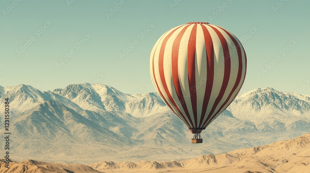 Obraz premium Retro-styled hot air balloon soaring over a snow-capped mountain range and desert landscape