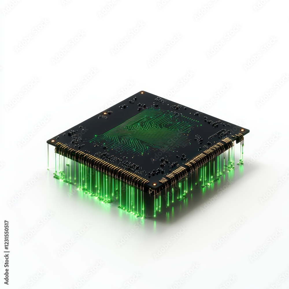 Futuristic Computer Chip with Green Light Effects Futuristic Computer Chip with Green Light Effects