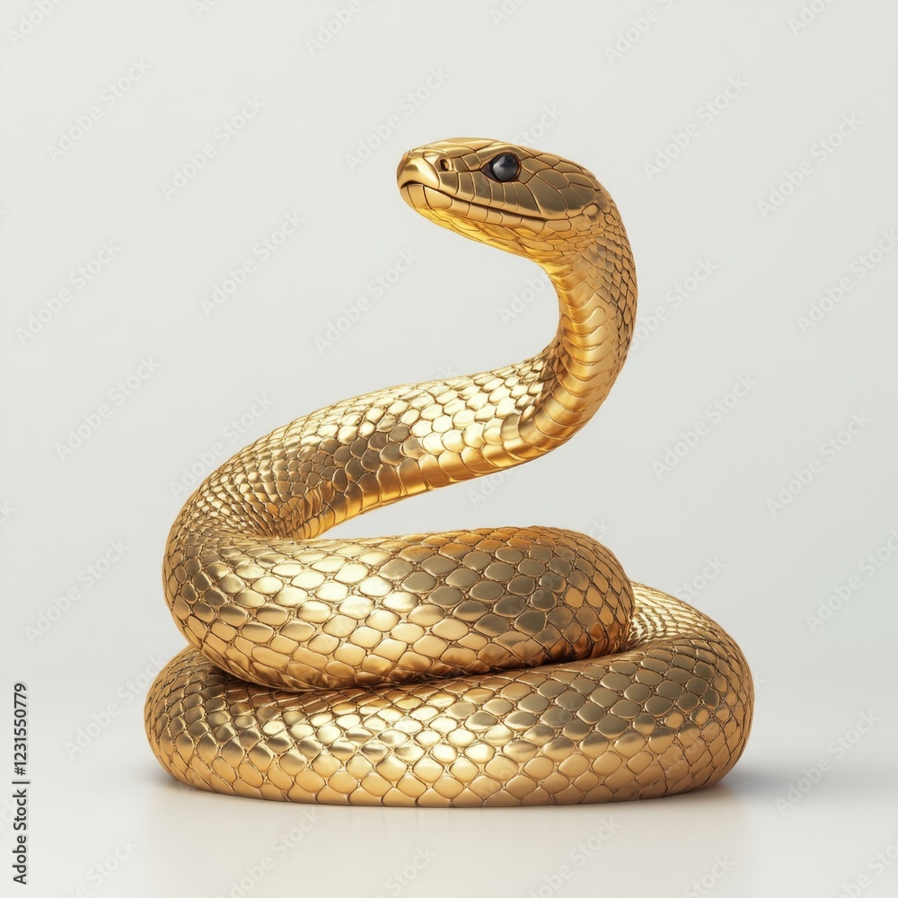 Fototapeta premium Golden Snake Coiled Up With Head Raised In Alert Pose On White Background
