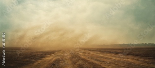 Dusty golden skies permeate the scene above a barren dirt road stretching into the horizon with muted greens and browns in the background photo