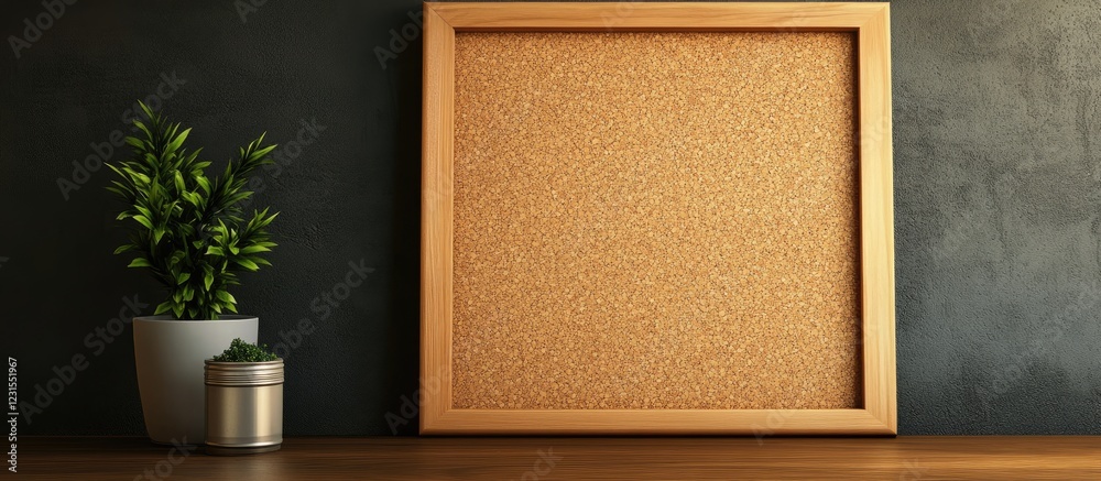 Fototapeta premium Wooden framed corkboard on a dark wall with a potted plant in a metallic pot positioned on a wooden tabletop creating a warm ambiance.