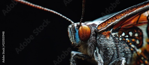 Close up of a colorful insect with detailed textures and features against a deep black background highlighting its vibrant orange and blue hues. photo