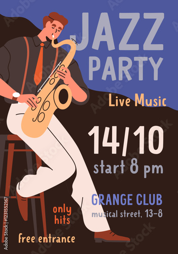 Jazz concert poster template. Music party, ad flyer design, promotion card, b...