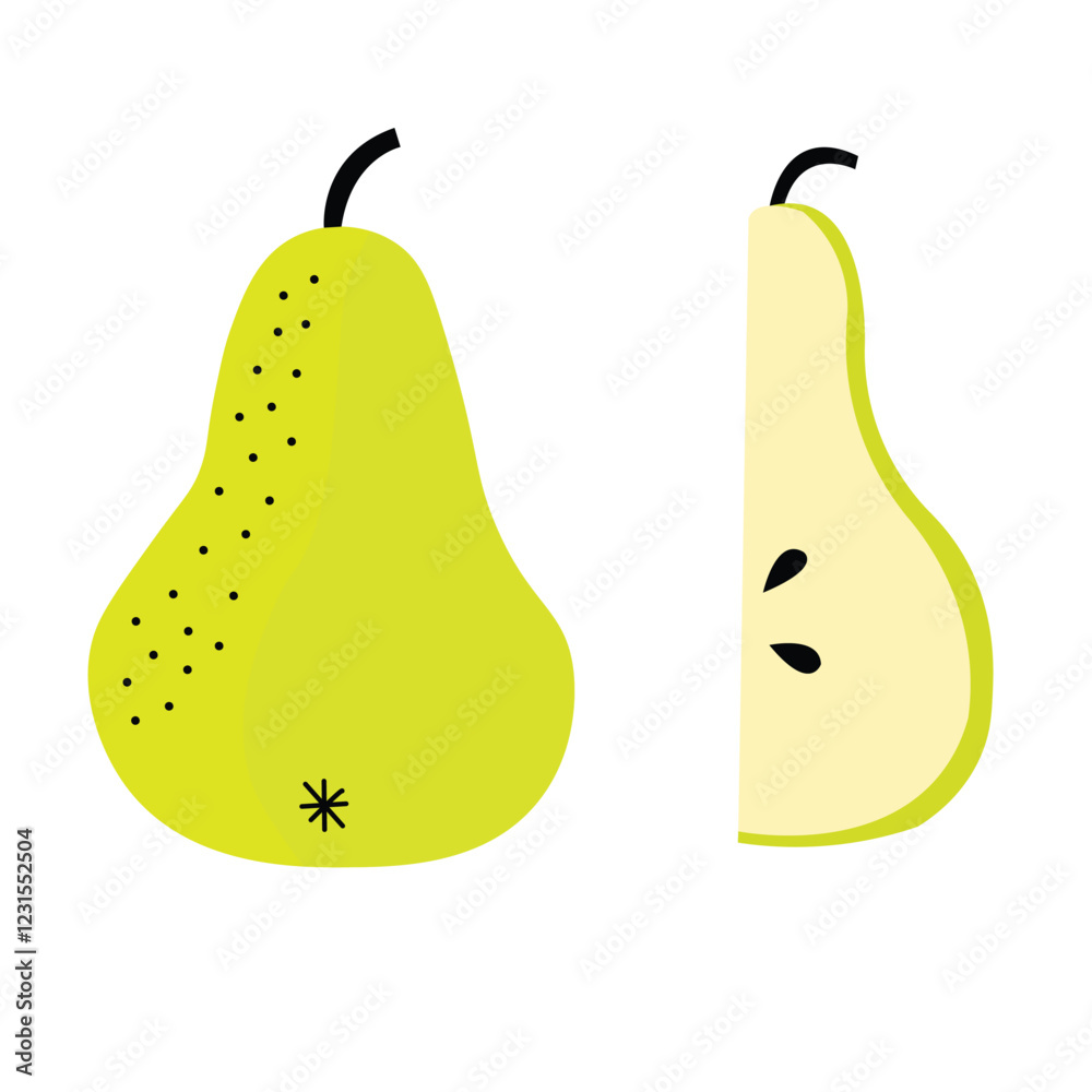 Illustration of a green pear whole and sliced with seeds on white background in flat style Illustration of a green pear whole and sliced with seeds on white background in flat style