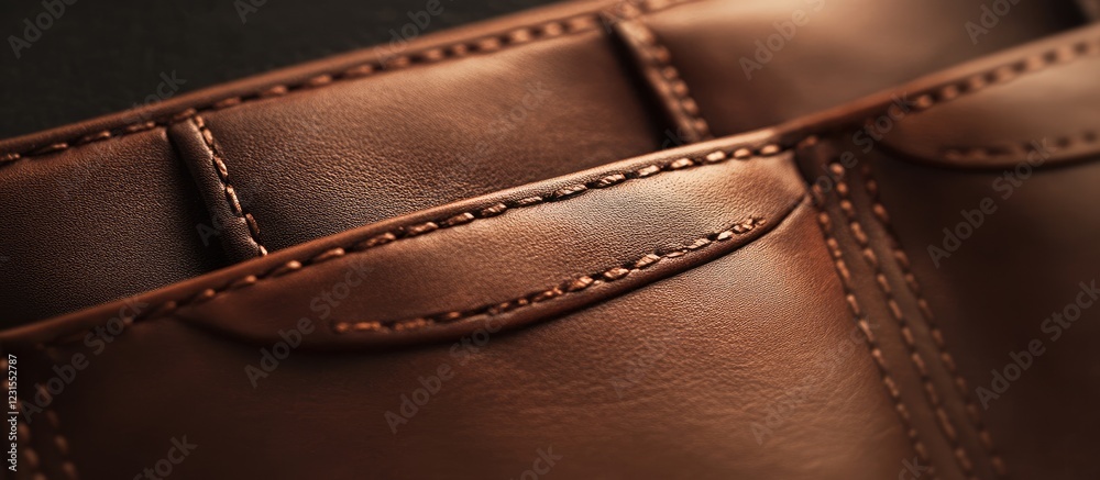 Elegant brown leather pockets in close-up view on a dark background, featuring smooth texture and visible stitching with ample copy space for branding. Elegant brown leather pockets in close-up view on a dark background, featuring smooth texture and visible stitching with ample copy space for branding.