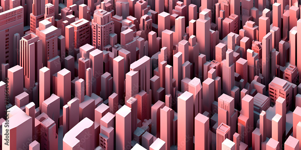 Obraz premium Urban Dreamscape: A mesmerizing abstract cityscape rendered in vibrant shades of pink, capturing the essence of urban life in a stylized and geometric representation. 