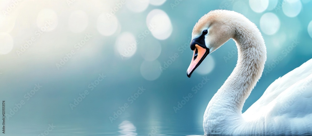 Fototapeta premium Elegant Trumpeter Swan in profile swimming gracefully in serene pond with soft blue and bokeh background highlighting natural beauty and calmness