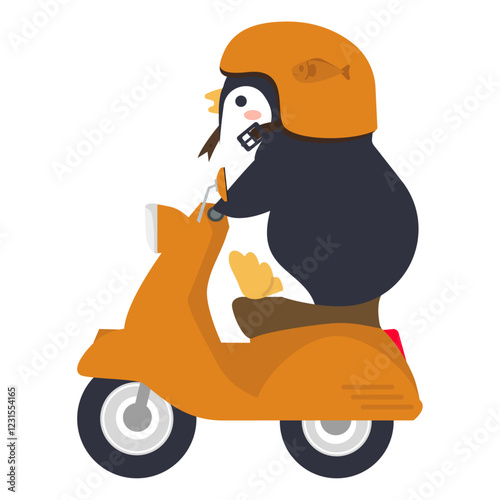 Side view of a penguin riding a scooter