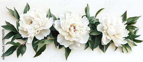 Elegant arrangement of white peonies with lush green leaves positioned symmetrically on a soft cream background, highlighting floral beauty and grace.