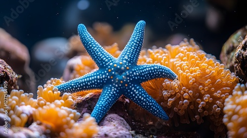 Vibrant blue starfish resting among colorful coral in a serene underwater environment photo