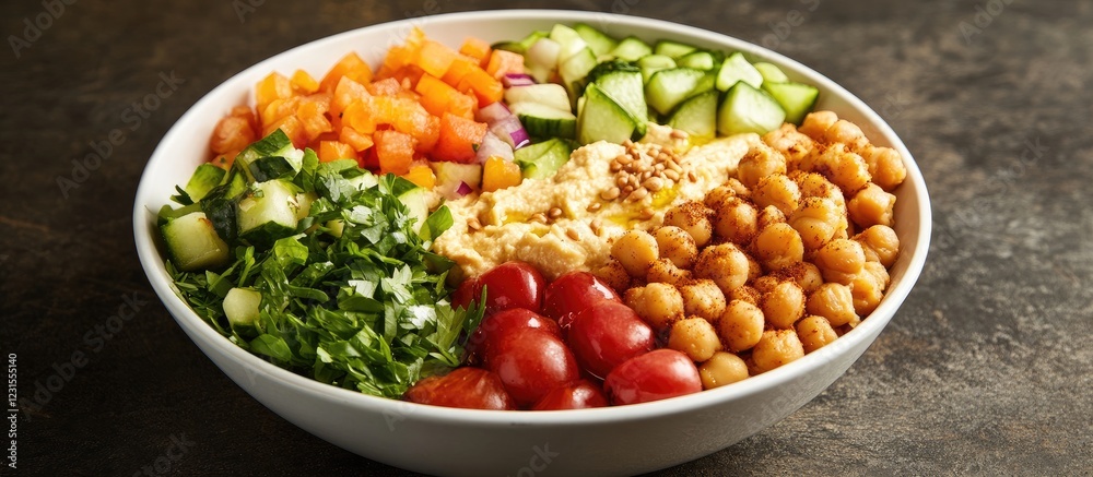 Fresh and vibrant salad bowl featuring colorful diced tomatoes, cucumbers, chickpeas, and hummus on a dark textured background. Fresh and vibrant salad bowl featuring colorful diced tomatoes, cucumbers, chickpeas, and hummus on a dark textured background.