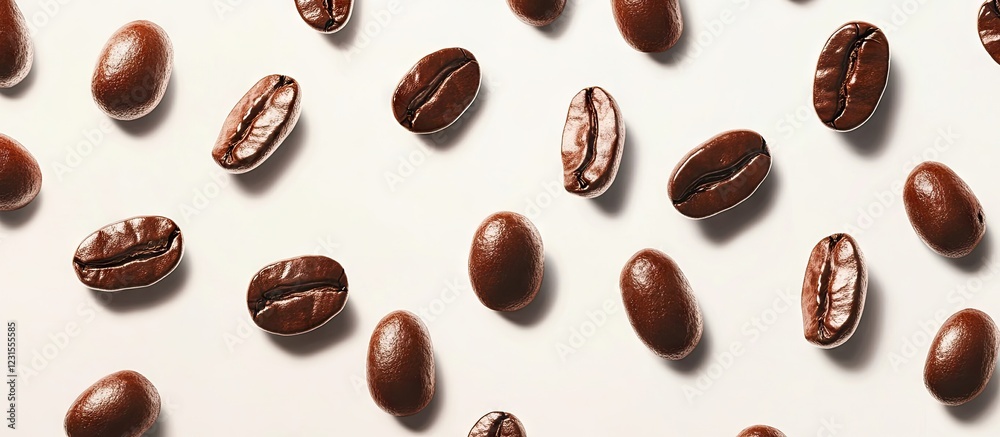 Rich brown coffee beans scattered on a light beige background, showcasing diverse textures and glossy finishes, emphasizing their natural allure. Rich brown coffee beans scattered on a light beige background, showcasing diverse textures and glossy finishes, emphasizing their natural allure.