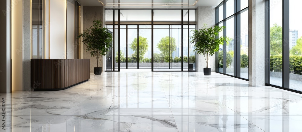 Modern office lobby with marble floor, large glass windows, greenery in pots, and a wooden reception desk against a bright white interior. Modern office lobby with marble floor, large glass windows, greenery in pots, and a wooden reception desk against a bright white interior.