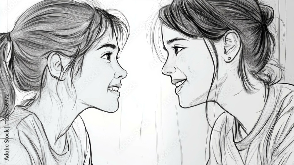 Twin Girls Smiling Profile Views With Ponytail And Bun Hairdos Looking At Each Other Sketch Art Twin Girls Smiling Profile Views With Ponytail And Bun Hairdos Looking At Each Other Sketch Art