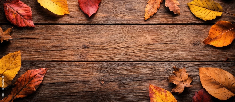 Fototapeta premium Autumn leaves in warm hues of orange and yellow surround a rustic wooden backdrop, perfect for adding text or design elements in a horizontal layout.