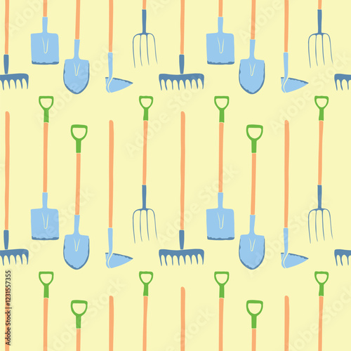 Seamless pattern with garden equipment. Shovels, spades, rakes, hoes, pitchforks. Vector backgrounds and textures with tools for working on the farm, in dacha, country site in flat style