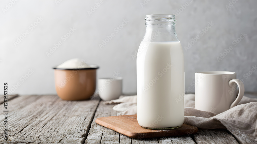 Farm-Fresh Milk Bottle on a Rustic Wooden Table Farm-Fresh Milk Bottle on a Rustic Wooden Table