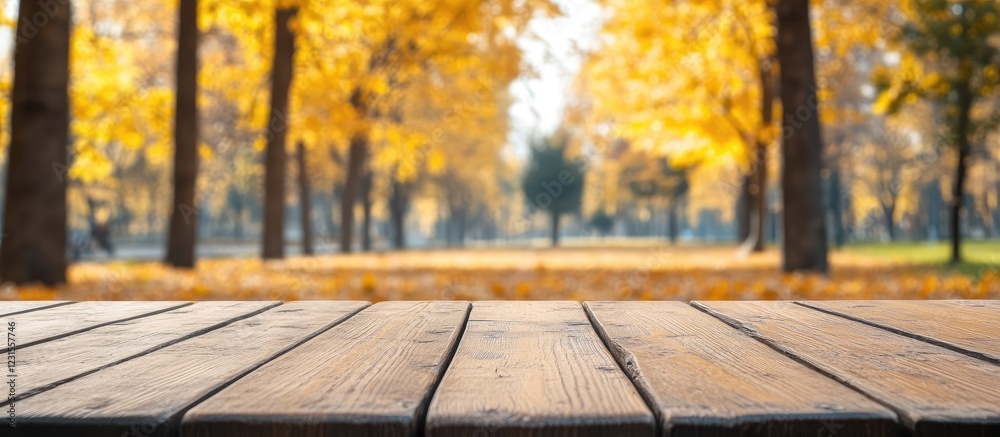 Brown wooden table top in the foreground with a blurred background of golden autumn trees in a park creating a warm seasonal atmosphere Brown wooden table top in the foreground with a blurred background of golden autumn trees in a park creating a warm seasonal atmosphere