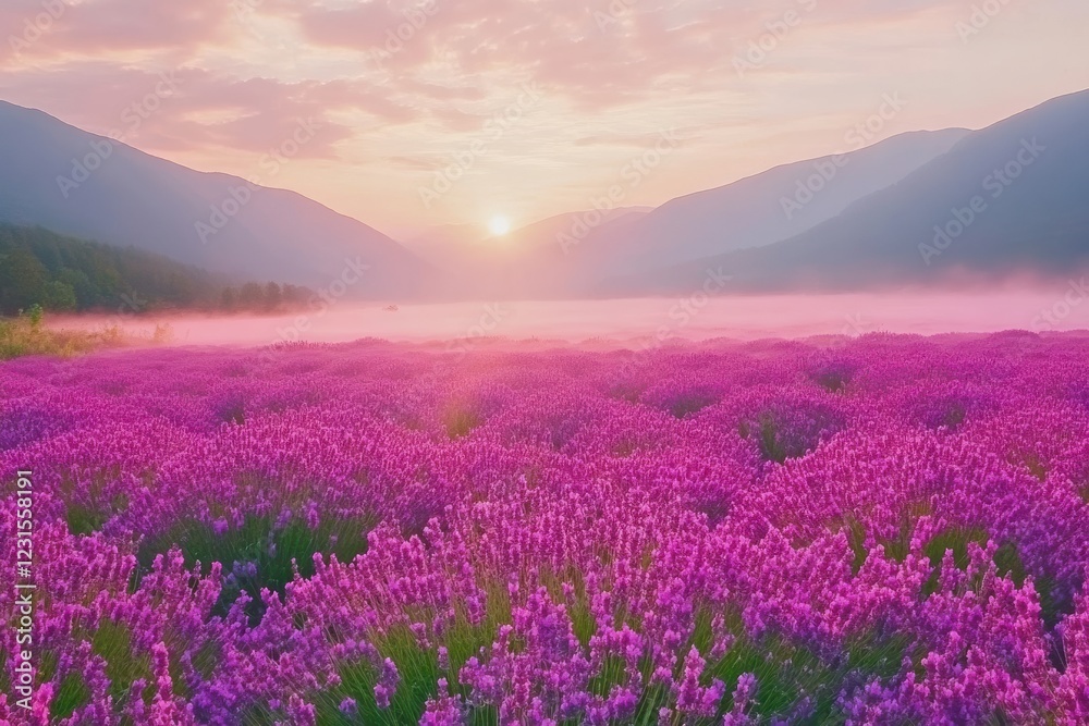 Fototapeta premium Breathtaking Lavender Field Stretching into the Horizon at Sunrise, Illuminated by Soft Morning Light with Misty Valley in the Background