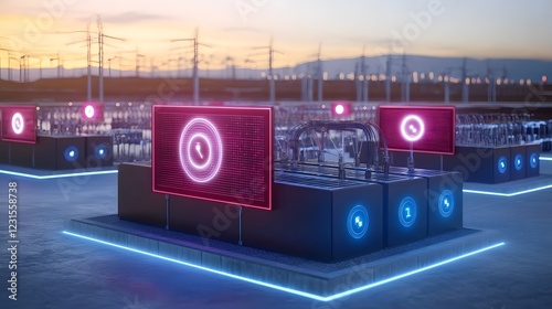 Ultra modern energy storage network designed to optimize power from sustainable sources  Smart batteries connected to a high tech grid regulate electricity flow