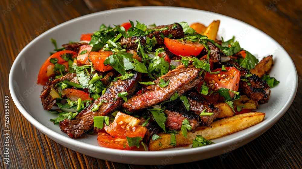 Savory grilled meat salad with fresh vegetables and herbs on a wooden table Savory grilled meat salad with fresh vegetables and herbs on a wooden table