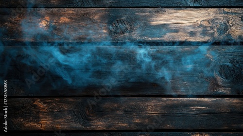 Blue smoke swirls above dark wood background