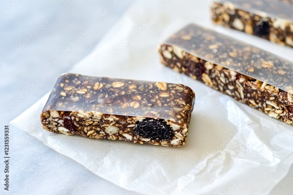 Chocolate Energy Bars Rectangular bars with nuts, oats, and dried fruit visible through a thin chocolate coating. A partially unwrapped bar highlights the hearty ingredients. Chocolate Energy Bars Rectangular bars with nuts, oats, and dried fruit visible through a thin chocolate coating. A partially unwrapped bar highlights the hearty ingredients.