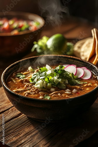 Steaming Mexican pozole soup with fresh garnishes
