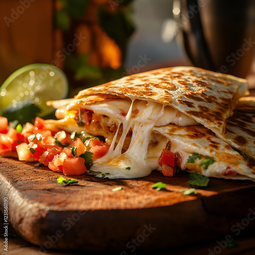 Golden quesadilla with melted cheese and fresh pico de gallo