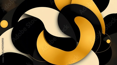 An abstract illustration composed of layered geometric shapes and organic forms, using a contrasting color palette of black and gold, and created in a vector graphics style photo