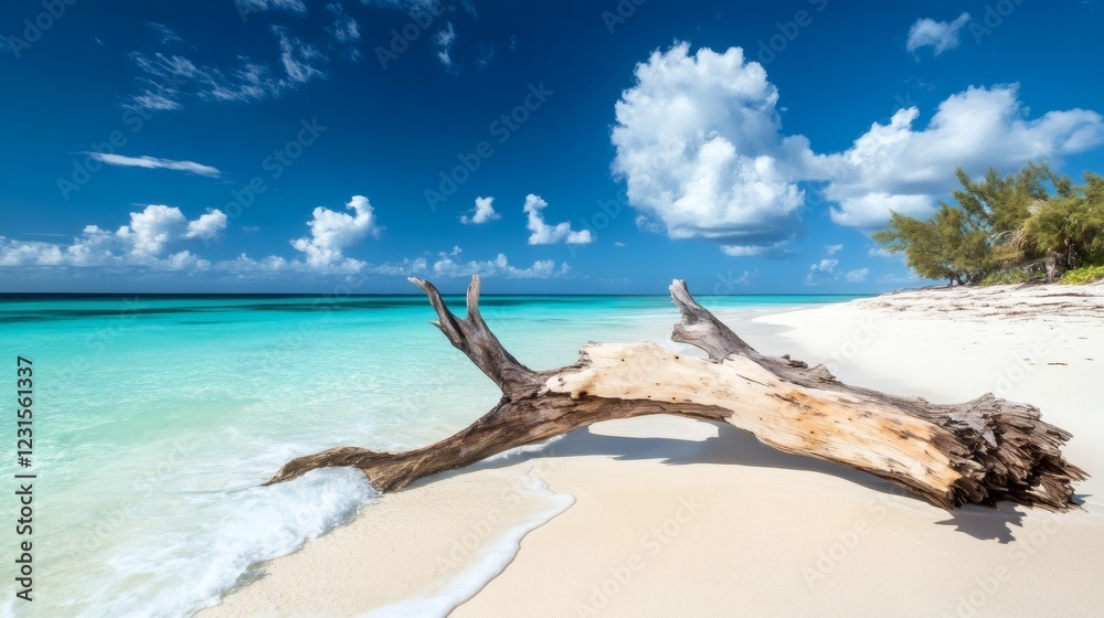 Driftwood on a pristine Caribbean beach under a vibrant blue sky Driftwood on a pristine Caribbean beach under a vibrant blue sky