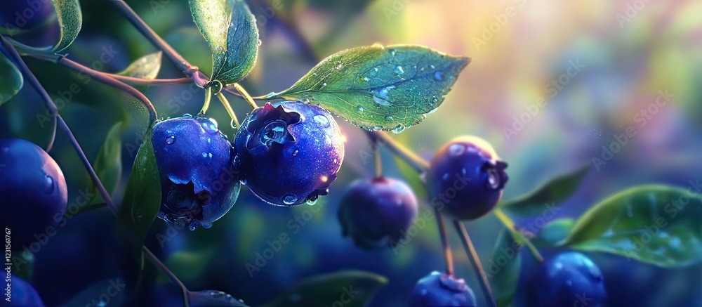 Close up of fresh blueberries on a green plant with vibrant blue hues and rich textures surrounded by soft blurred foliage in natural light Close up of fresh blueberries on a green plant with vibrant blue hues and rich textures surrounded by soft blurred foliage in natural light