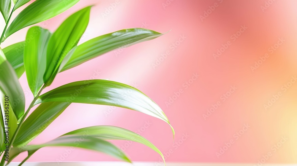 Obraz premium Lush green leaves against a soft pink backdrop.