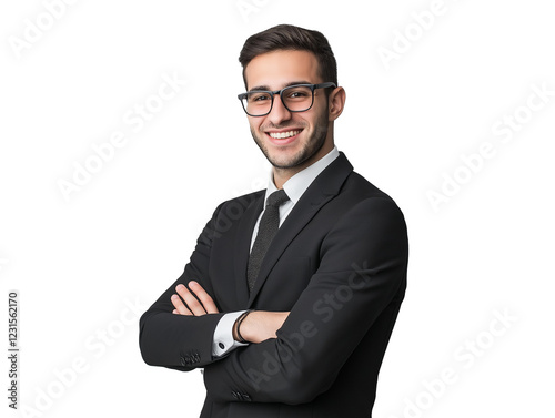 Confident Smiling Businessman in Black Suit with Glasses Standing with Arms Crossed Against transparent background – Professional Corporate Portrait for Business and Marketing Materials