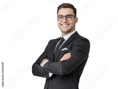 Confident Smiling Businessman in Black Suit with Glasses Standing with Arms Crossed Against transparent background – Professional Corporate Portrait for Business and Marketing Materials
