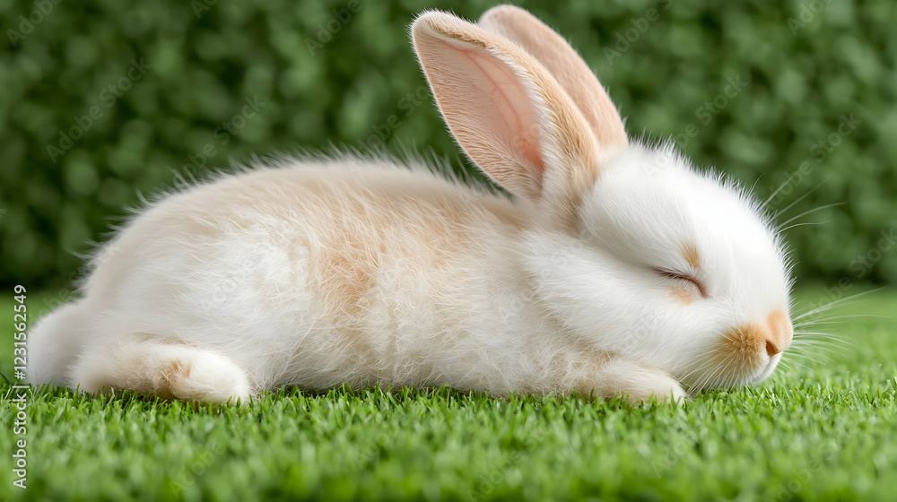 Fototapeta premium Cute bunny sleeping on green grass, nature background, Easter card