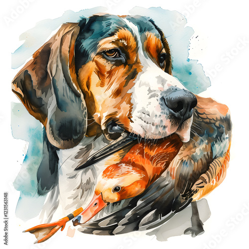 Hunting dog with duck capture in watercolor nature scene artistic view