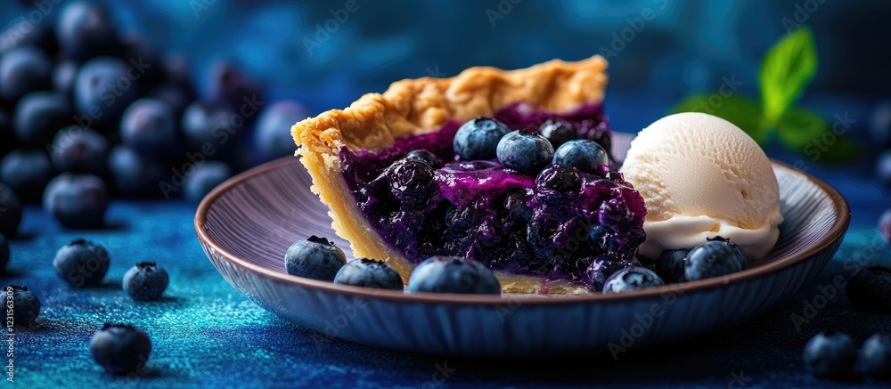 Blueberry pie on a deep blue plate with vanilla ice cream, surrounded by fresh blueberries, bright colors highlight the dessert's appeal Blueberry pie on a deep blue plate with vanilla ice cream, surrounded by fresh blueberries, bright colors highlight the dessert's appeal