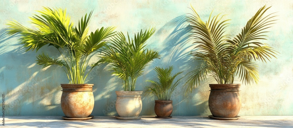 Vibrant green palm trees in terracotta pots against a soft pastel background creating a tranquil beach atmosphere with serene shadows cast. Vibrant green palm trees in terracotta pots against a soft pastel background creating a tranquil beach atmosphere with serene shadows cast.