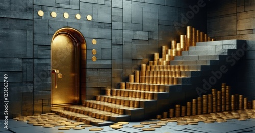 Stacked golden coins forming staircase leading to locked store entrance, symbolizing wealth, financial success, investment, prosperity, exclusive access, premium economy