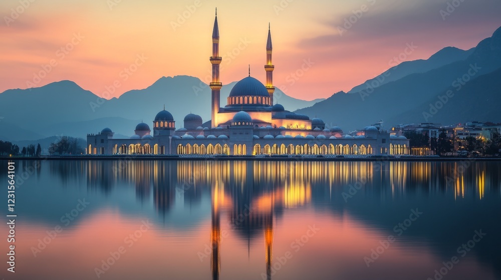 Obraz premium Background of Islam with copy space. A mosque against mountains with sunset and the calm water