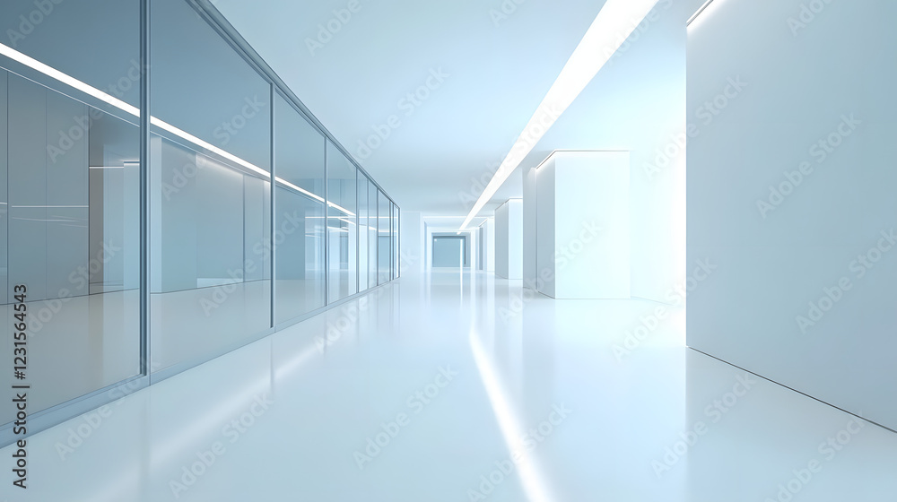 Modern office building interior with a long, clean corridor and glass windows Modern office building interior with a long, clean corridor and glass windows