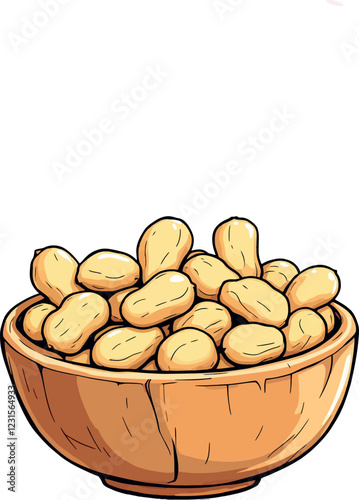 Wooden bowl overflowing with shelled peanuts on white background