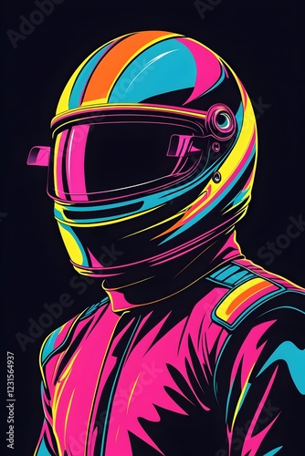 Futuristic digital illustration of a racer wearing a sleek neon helmet and suit, featuring a cyberpunk aesthetic with bold colors and dynamic energy.  