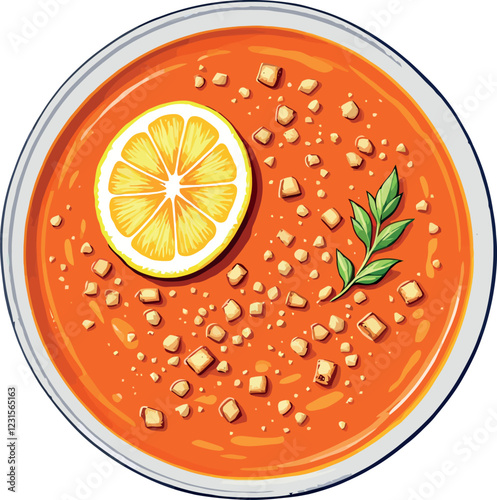 Bowl of tomato soup with lemon slice, croutons, and parsley sprig