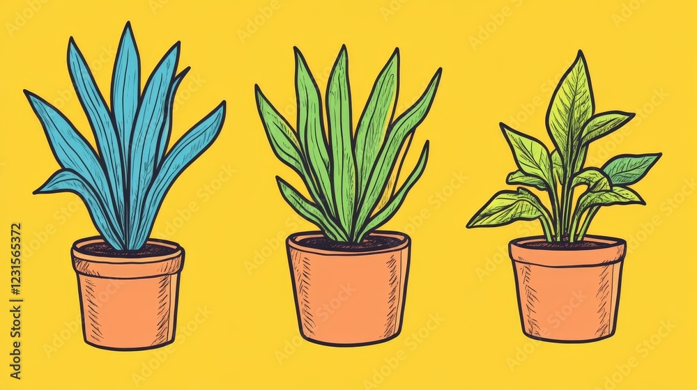 Fototapeta premium Three potted houseplants, illustration; snake plant, spider plant, and ZZ plant