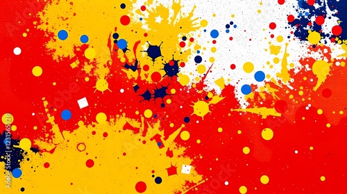 An abstract piece using bold primary colors red, yellow, and blue, rendered in a pointillist style creating a textured and vibrant visual experience. The composition is dynamic, with a sense o photo