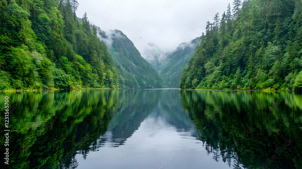 Serene mountain lake, misty valley, lush forest reflection, nature wallpaper Serene mountain lake, misty valley, lush forest reflection, nature wallpaper